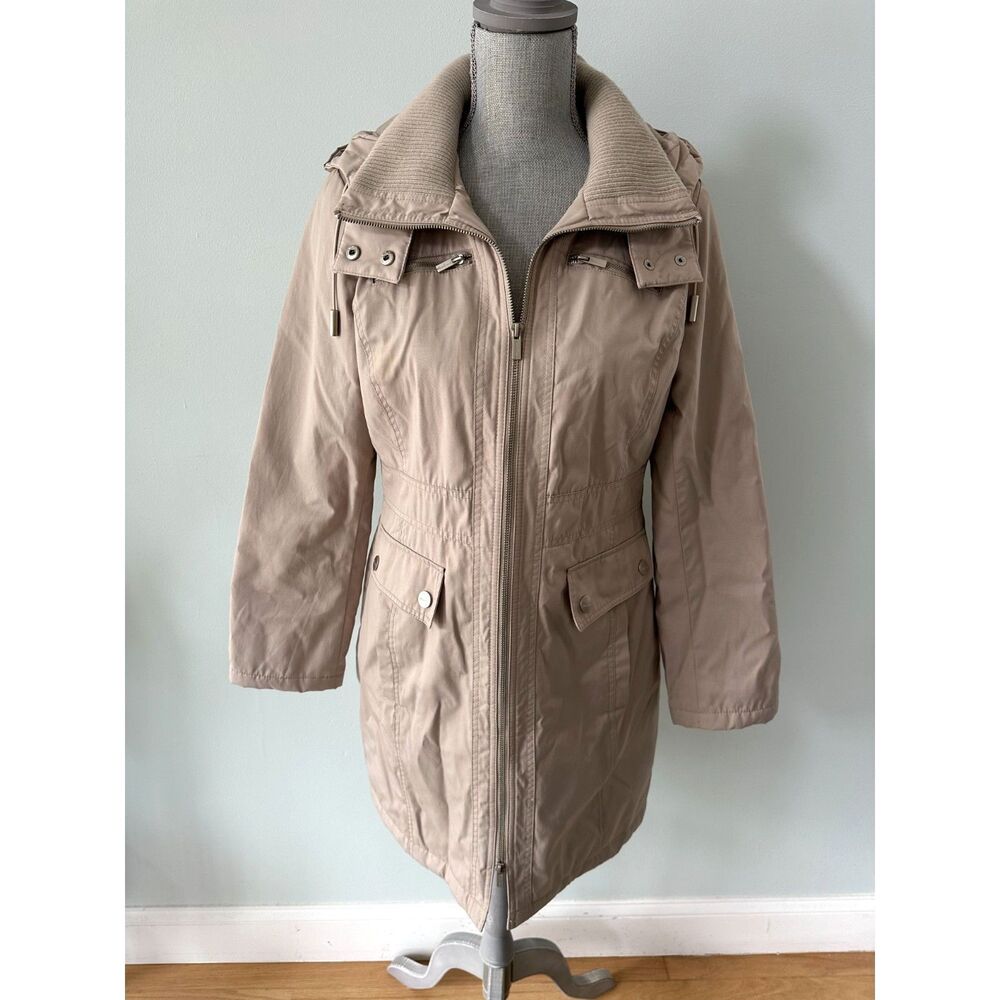 Kenneth Cole Tan Safari Parka Jacket Ribbed Collar Hooded Coat Women’s size M